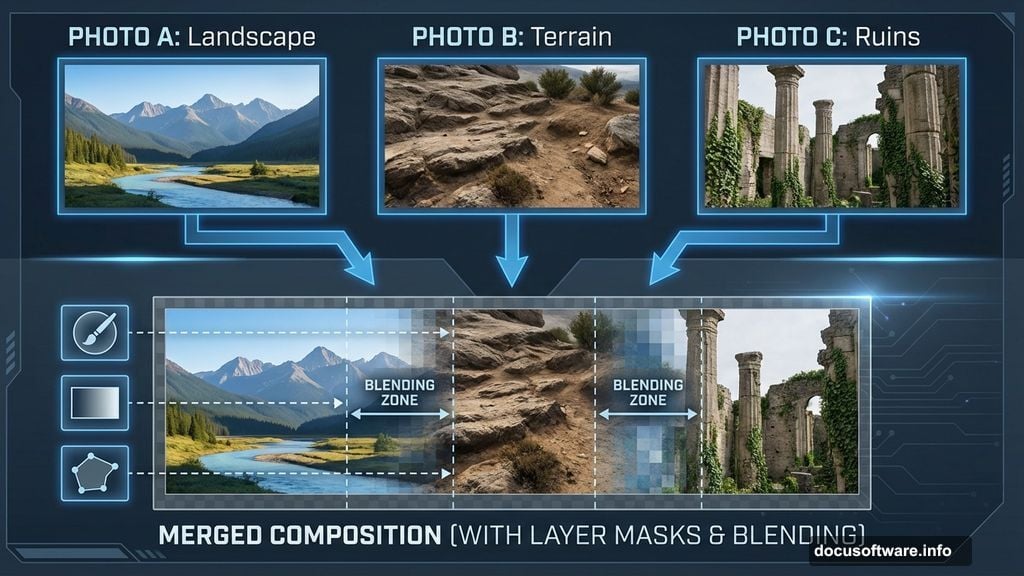 Blend multiple photos into one cohesive ruined landscape composition