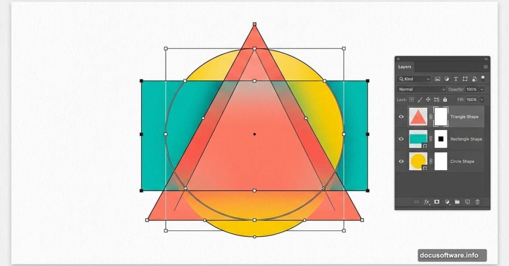 Colorful geometric shapes layered with Photoshop interface panel showing layers