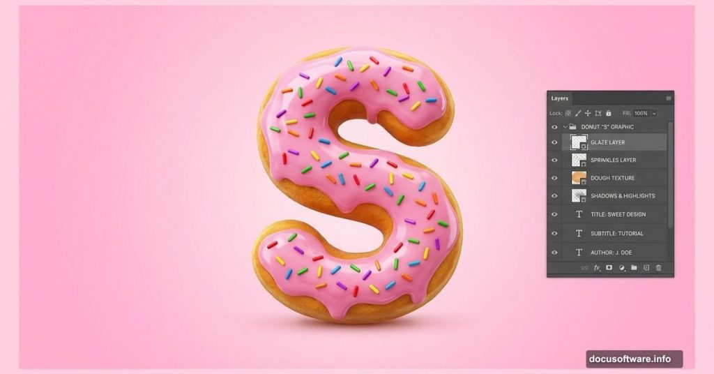 3D letter shaped like glazed donut with sprinkles, Photoshop interface visible