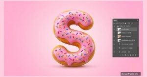 3D letter shaped like glazed donut with sprinkles, Photoshop interface visible