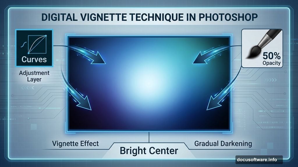 Curves adjustment layer with soft brush creates vignette effect background