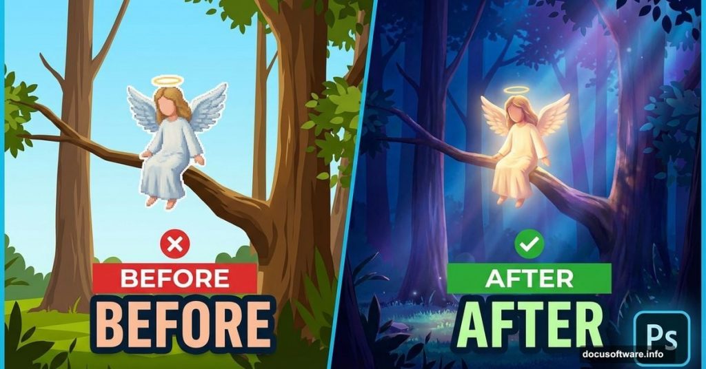 Before and after comparison of fake versus realistic forest composite editing