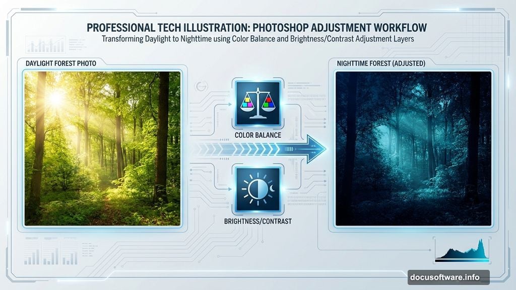 Transform daylight forest photos into convincing nighttime scenes using adjustments