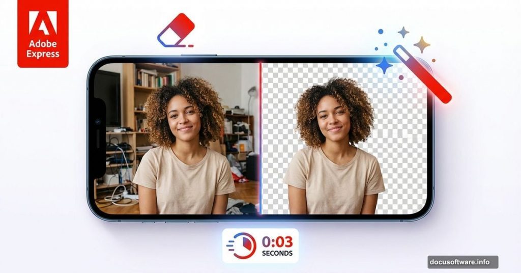 Smartphone showing Adobe Express instantly removing photo backgrounds with AI