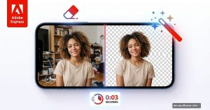 Smartphone showing Adobe Express instantly removing photo backgrounds with AI