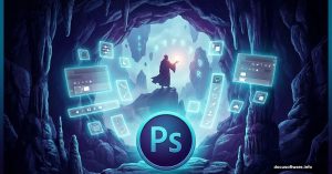 Photoshop logo and glowing editing tools inside mystical cave opening