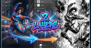 Photo transforming into urban ink art with two layers effect