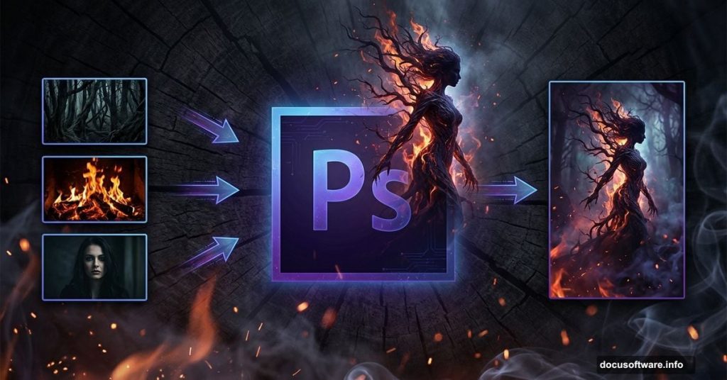 Photoshop logo with dark fantasy transformation from photos to art