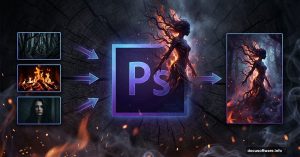 Photoshop logo with dark fantasy transformation from photos to art