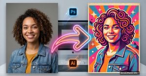 Photo transforming into vibrant retro vector poster using Photoshop Illustrator