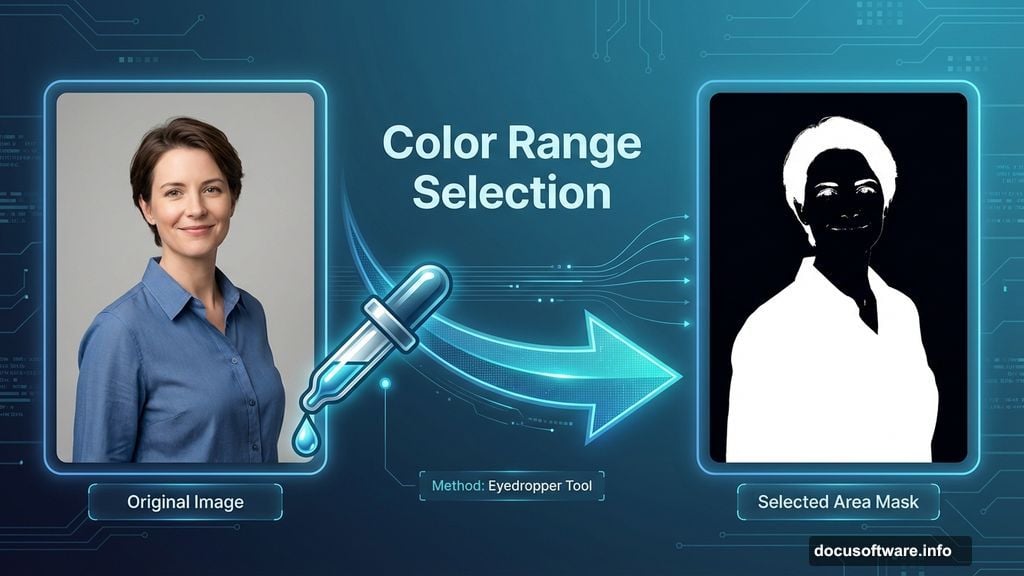 Color Range command highlights background for subject isolation in Photoshop