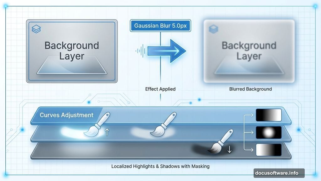 Adjustment layers with Curves and masks control background lighting atmosphere