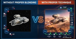 Split comparison showing fake versus realistic Photoshop space scene composition