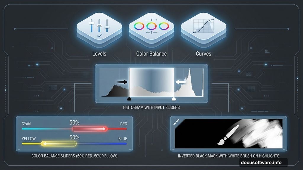 Adjustment layers control tonal range and create warm dusty atmosphere