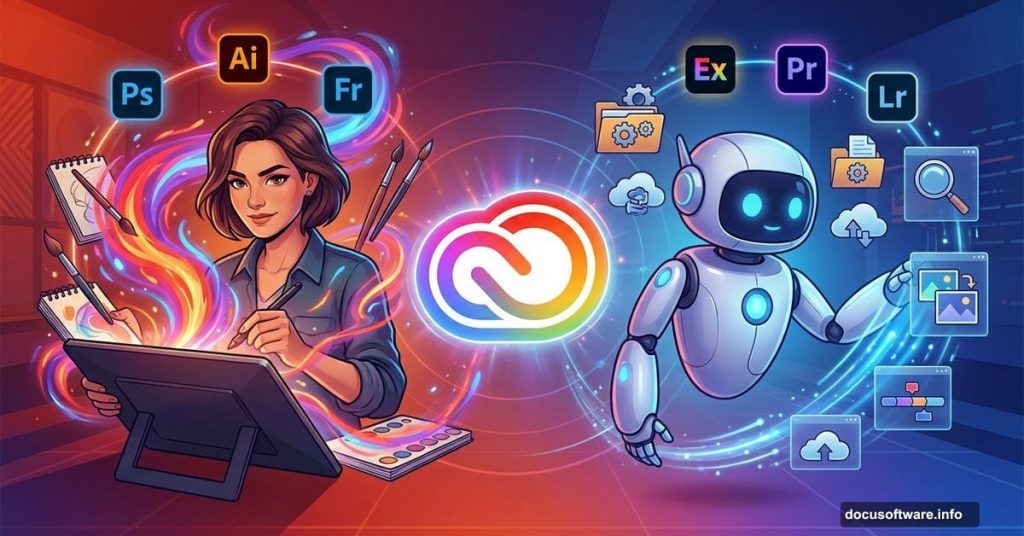 Designer working creatively while AI assistant handles repetitive tasks