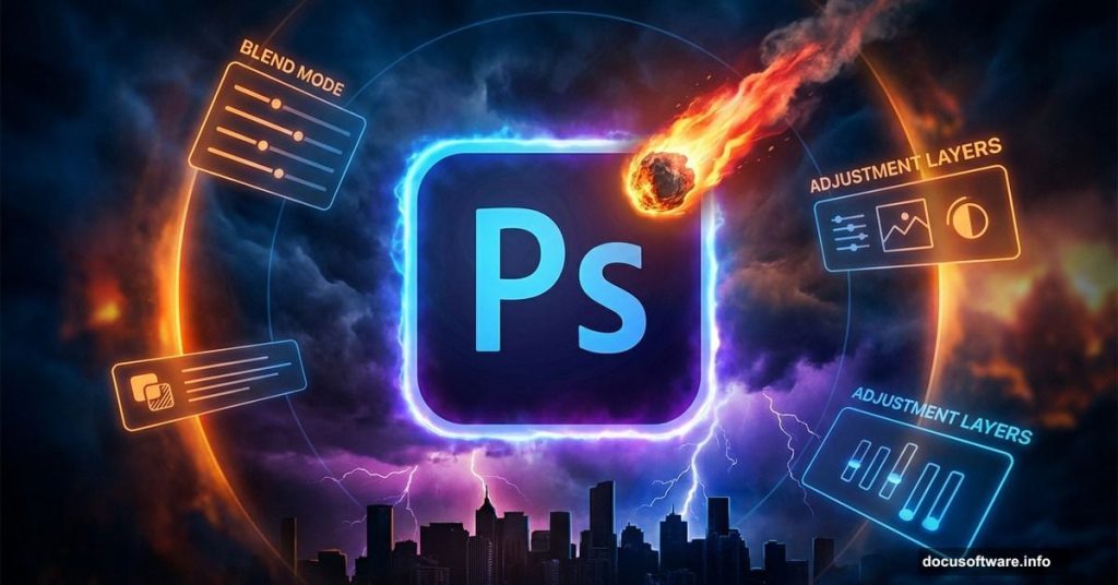 Photoshop logo surrounded by apocalyptic cityscape and meteor elements
