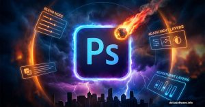 Photoshop logo surrounded by apocalyptic cityscape and meteor elements