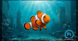 Giant fish swimming through submerged city street with Photoshop logo