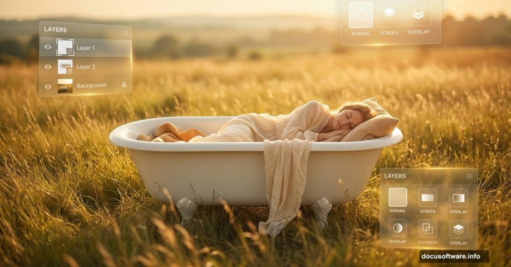 Vintage bathtub in sunlit field with Photoshop manipulation elements overlay