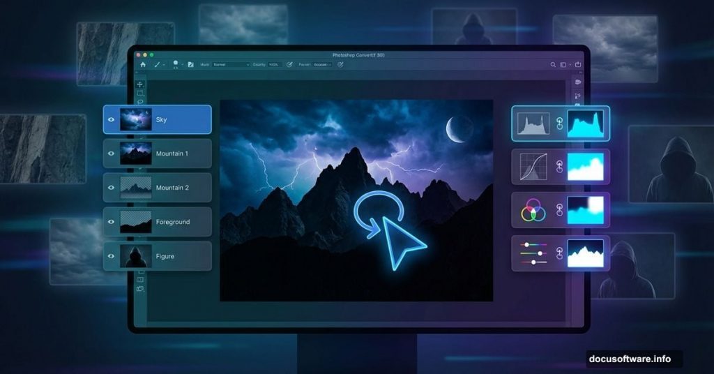 Photoshop interface showing dark mountain composite tutorial in progress