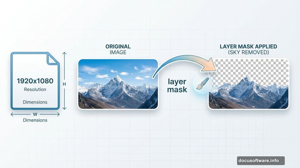 Layer masking removes sky portion from landscape photography composite