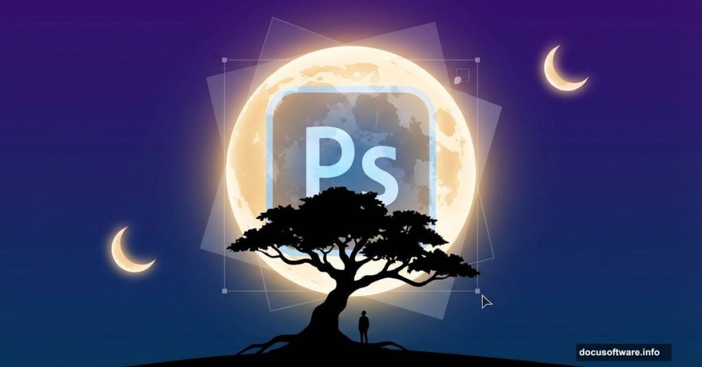Surreal glowing moon behind silhouetted tree with Photoshop tutorial theme