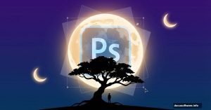 Surreal glowing moon behind silhouetted tree with Photoshop tutorial theme