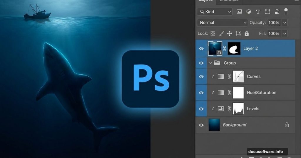 Photoshop logo dividing underwater shark scene and editing interface panels