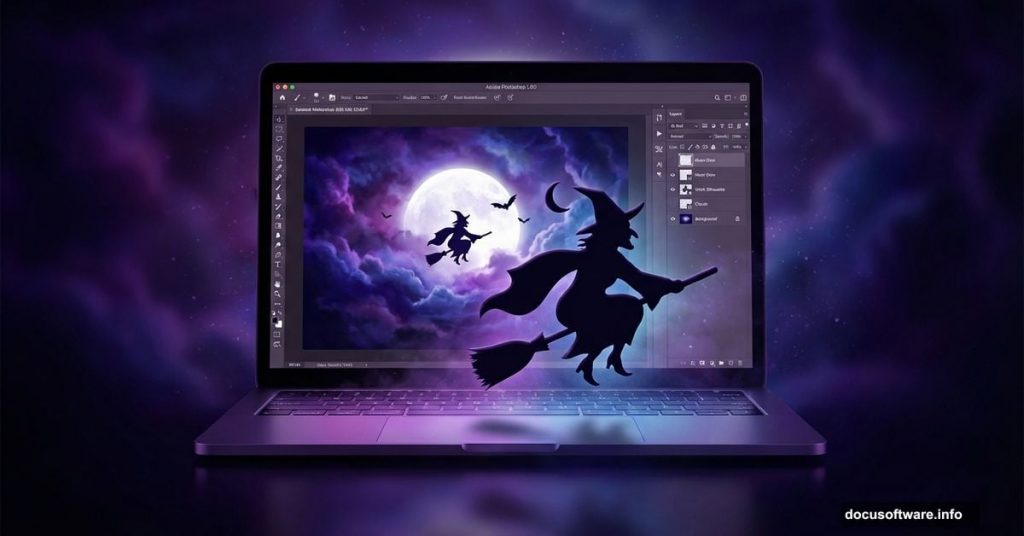 Photoshop interface showing Halloween witch scene tutorial with glowing moon
