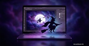 Photoshop interface showing Halloween witch scene tutorial with glowing moon