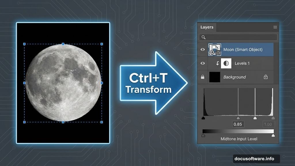 Transform moon layer and add Levels adjustment in Photoshop