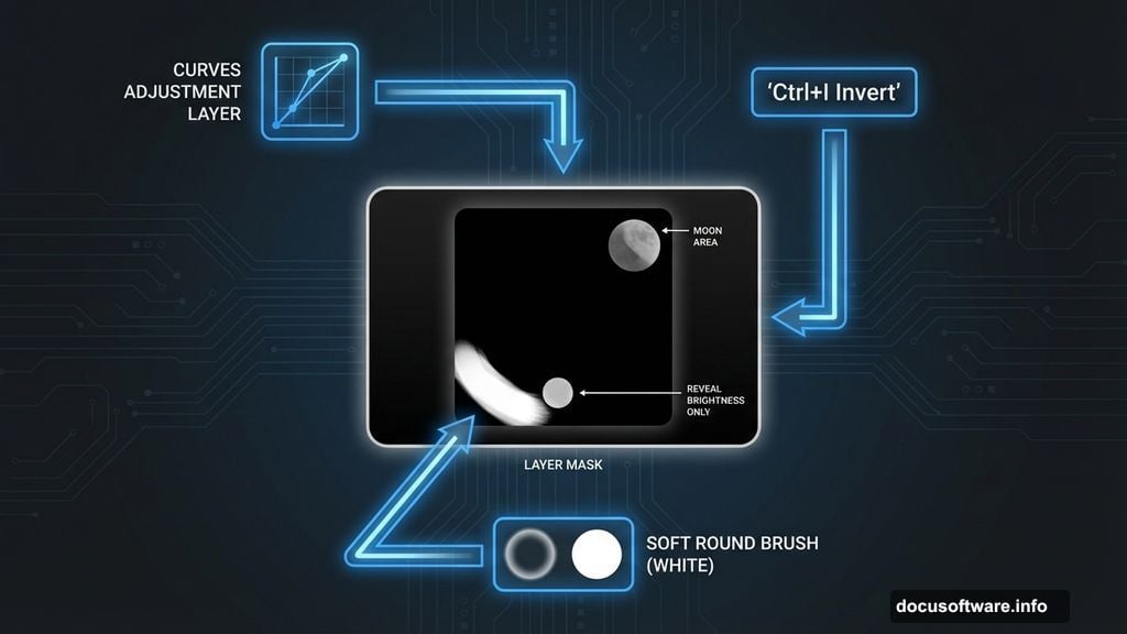 Invert Curves mask and paint selective brightness with white brush