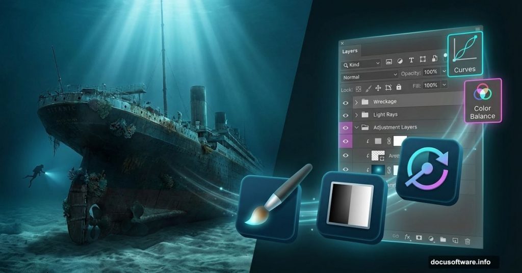 Titanic shipwreck underwater scene with Photoshop editing interface overlay