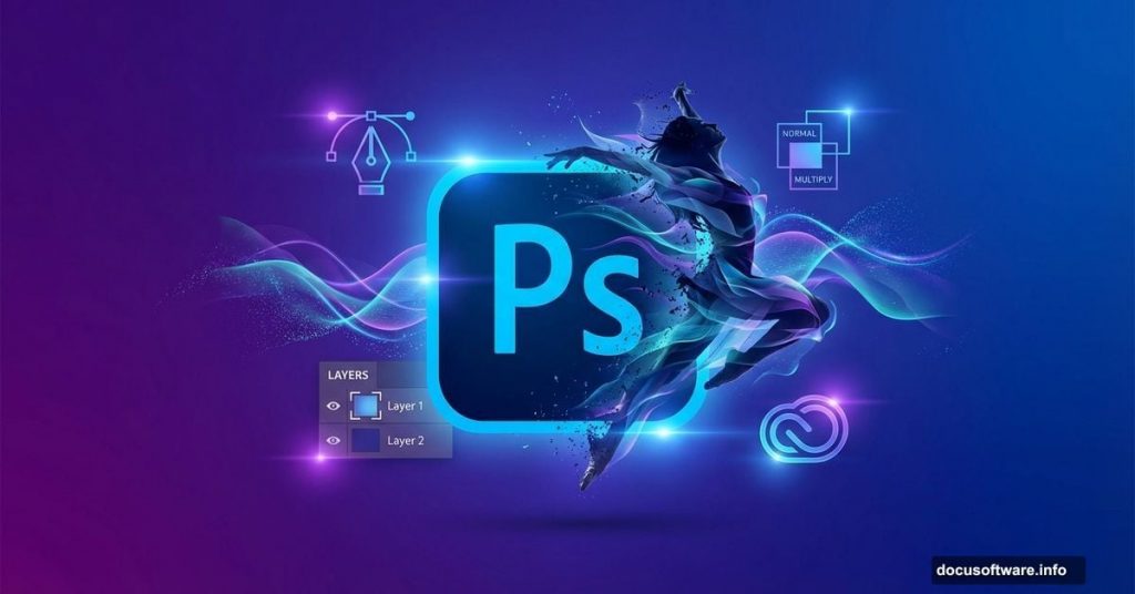 Photoshop logo with dancer silhouette and layer manipulation tools
