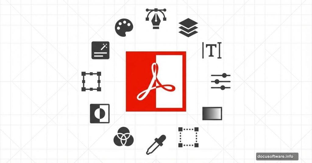 Adobe Acrobat logo surrounded by designer tool icons