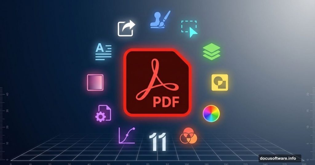 Adobe Acrobat logo surrounded by eleven essential design tool icons
