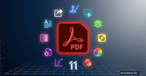 Adobe Acrobat logo surrounded by eleven essential design tool icons