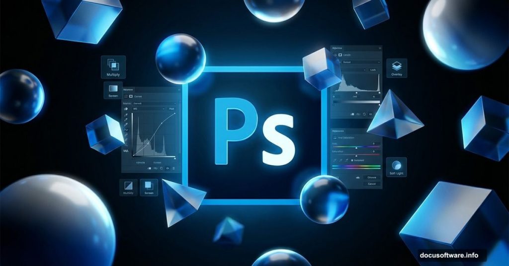 Adobe Photoshop logo surrounded by 3D shapes with dramatic lighting effects