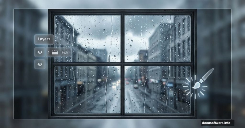 Rainy window with water droplets and Adobe Photoshop interface elements