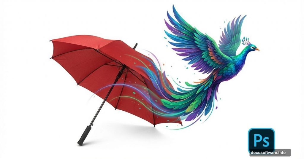 Red umbrella transforming into colorful artistic bird using Adobe Photoshop