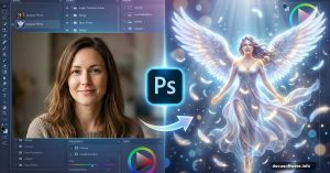 Before and after angel photo manipulation in Adobe Photoshop
