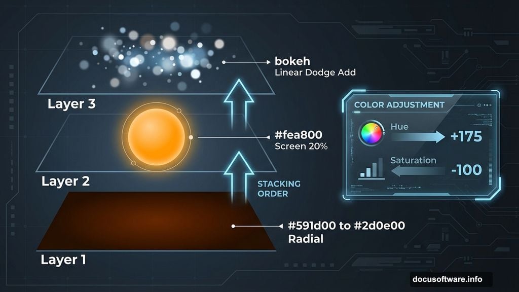 Build warm background with gradient bokeh and color adjustments