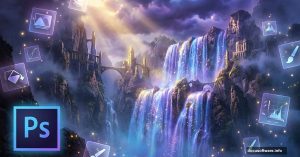 Surreal fantasy waterfall scene with Adobe Photoshop logo overlay