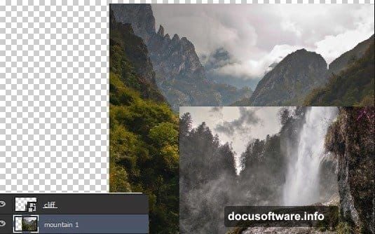 Second waterfall image creates platform underneath cliff layer naturally