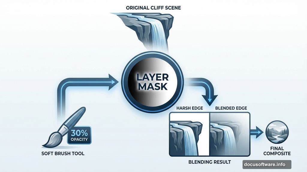 Layer mask with soft brush blending cliff edges seamlessly