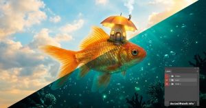 Giant fish with umbrella house in split underwater-sky Photoshop composition