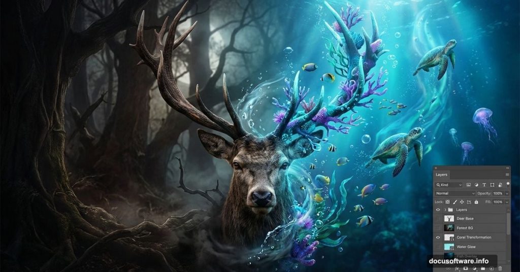 Deer with antlers transforming into underwater scene in Photoshop tutorial