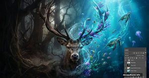 Deer with antlers transforming into underwater scene in Photoshop tutorial