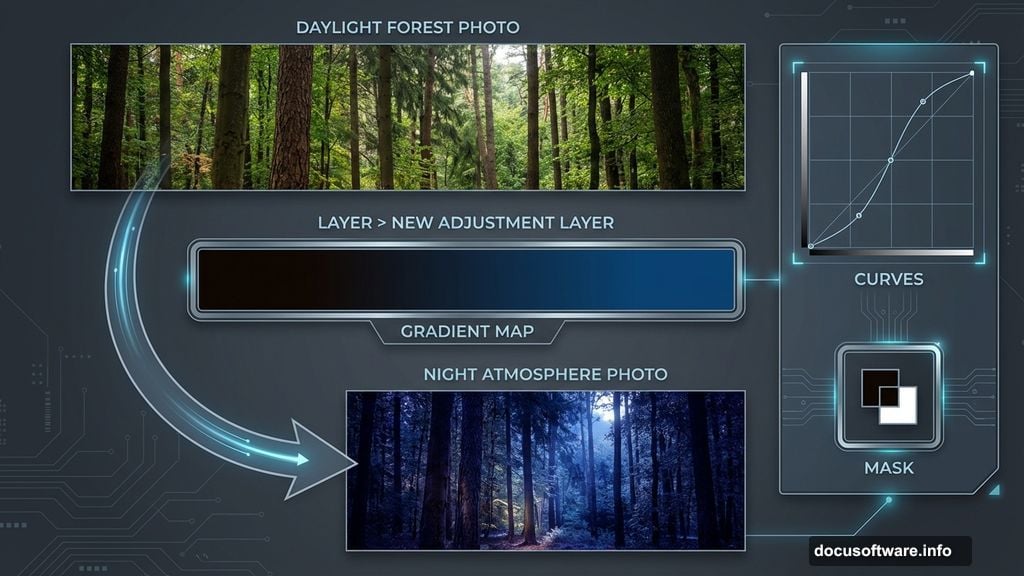 Transform day into mysterious night using Gradient Map and Curves