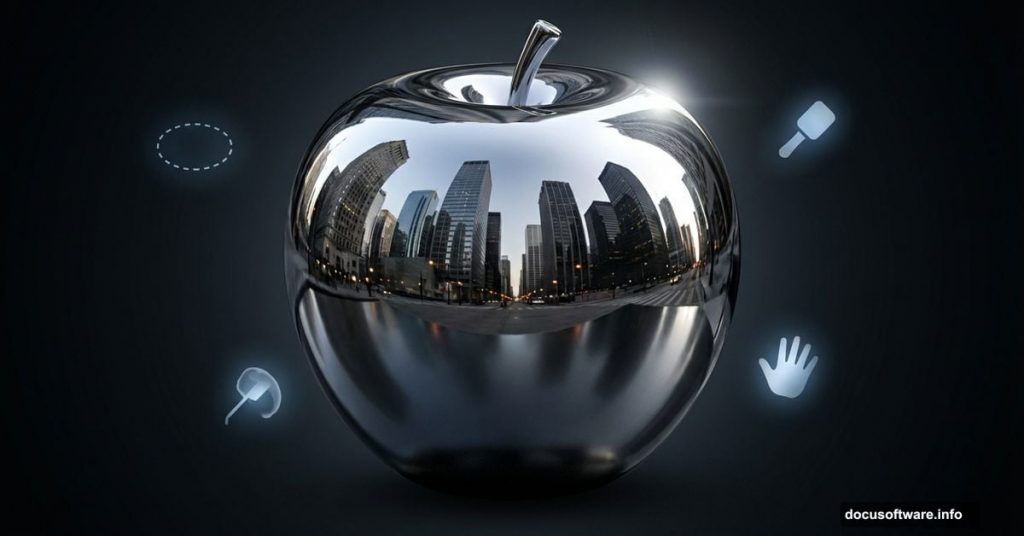 Chrome metallic apple with realistic reflections demonstrating Photoshop rendering techniques